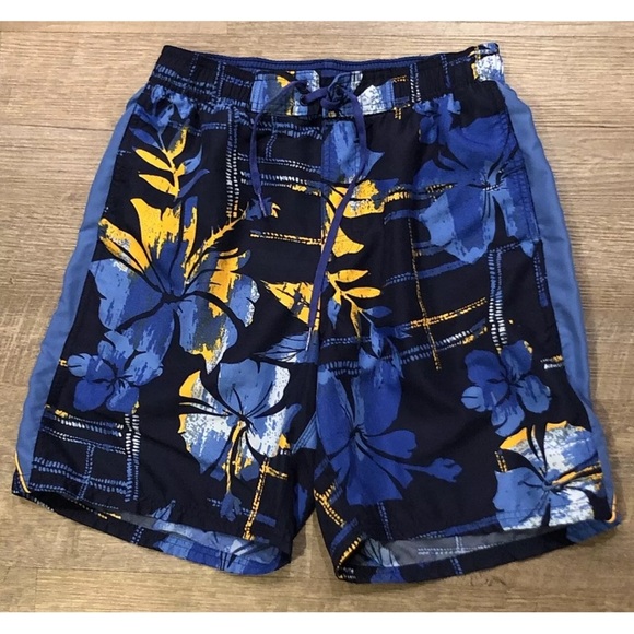 Vintage Nike Swim Shorts Blue Black Yellow Black 90s Swoosh Floral Size XL - Picture 1 of 10